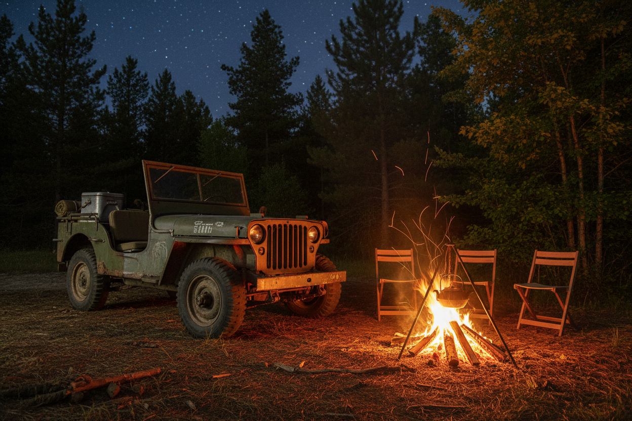 camp fire with vintage jeep 